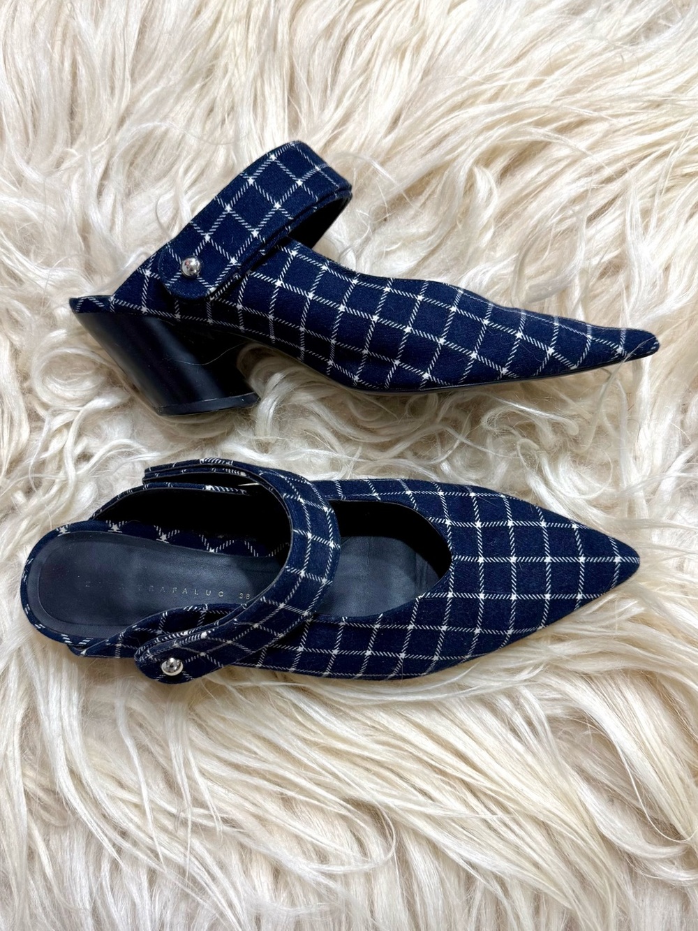 Zara Navy Plaid Pointed Slingback Mules